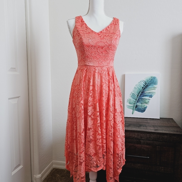 NWOT Meetjen Women's Vintage Floral Lace Asymmetrical Hem Coral Cocktail Dress - Picture 2 of 12